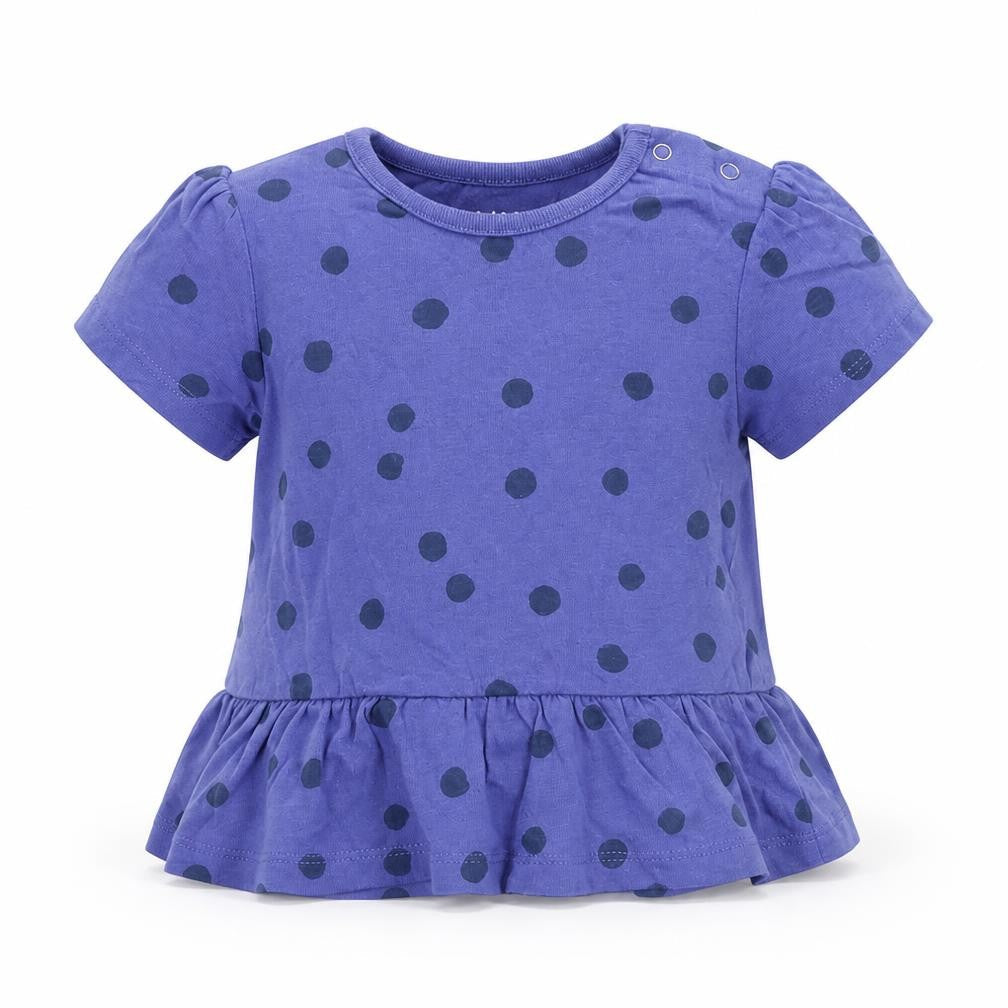 Front view of Marks & Spencer girls’ blue polka dot cotton basic t-shirt, size 12-18, months round neck snap