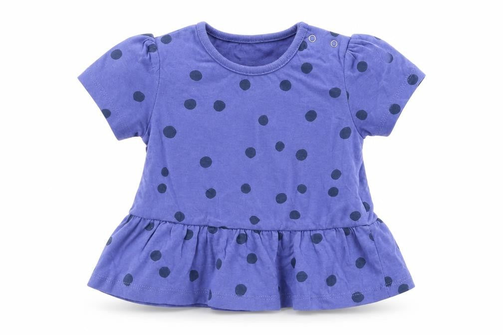 Front view of Marks & Spencer girls’ blue polka dot cotton basic t-shirt, size 9-12, months round neck snap