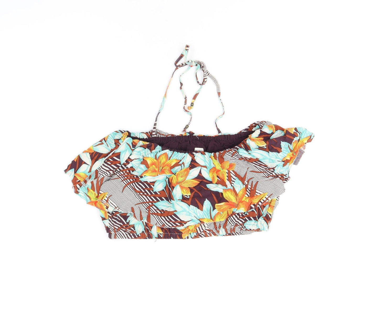 FOREVER 21 Womens Multicoloured Floral Viscose Cropped T-Shirt Size L Off the Shoulder - Bandeau Top