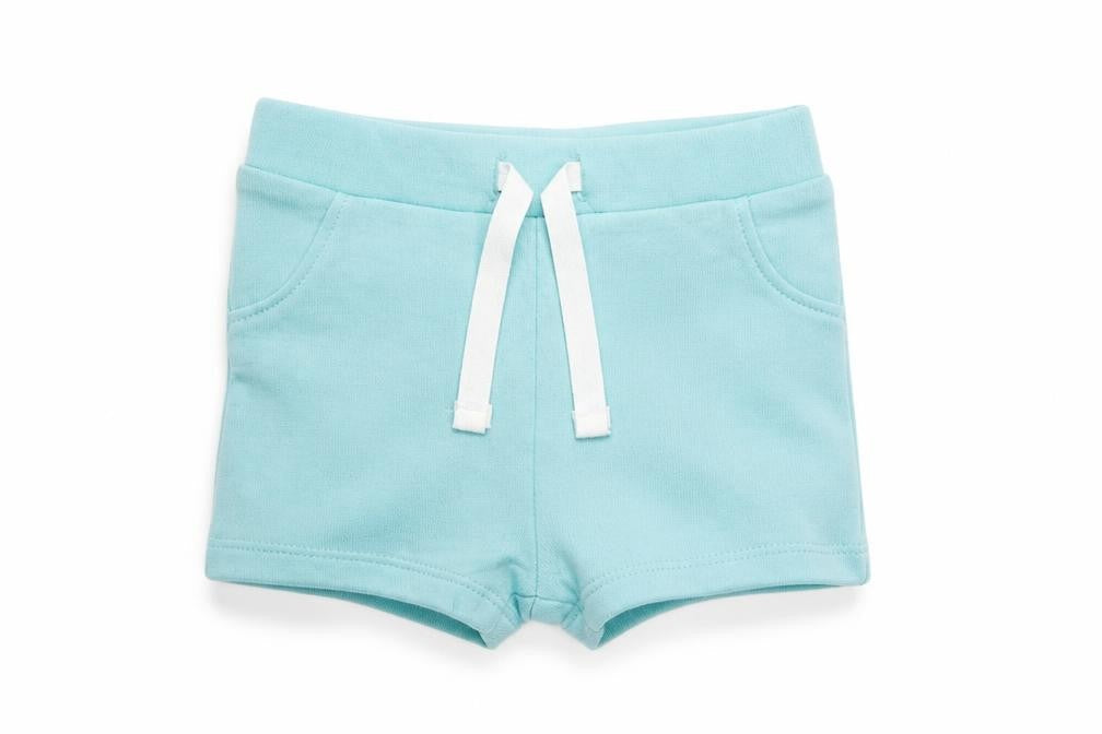 Front view of Marks & Spencer Baby Blue Cotton Cropped Trousers, size 3-6, Months Drawstring - Set