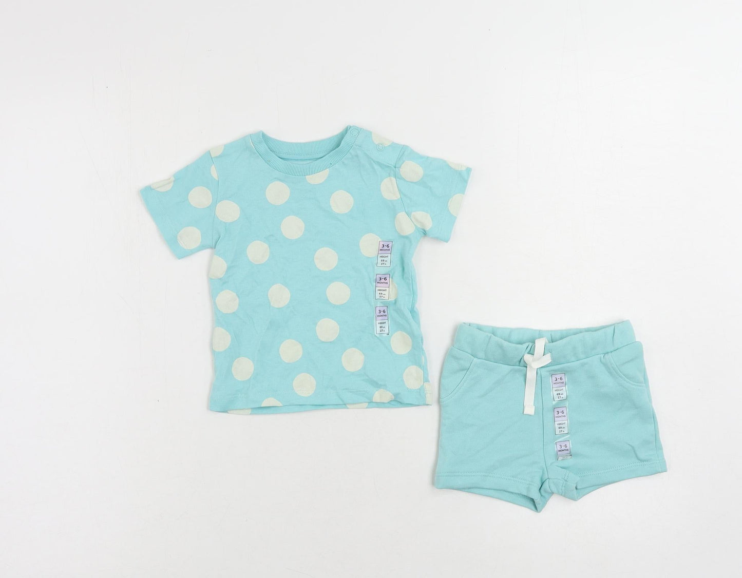 Marks and Spencer Baby Green Polka Dot Cotton Shorts Set Outfit/Set Size 3-6 Months Snap