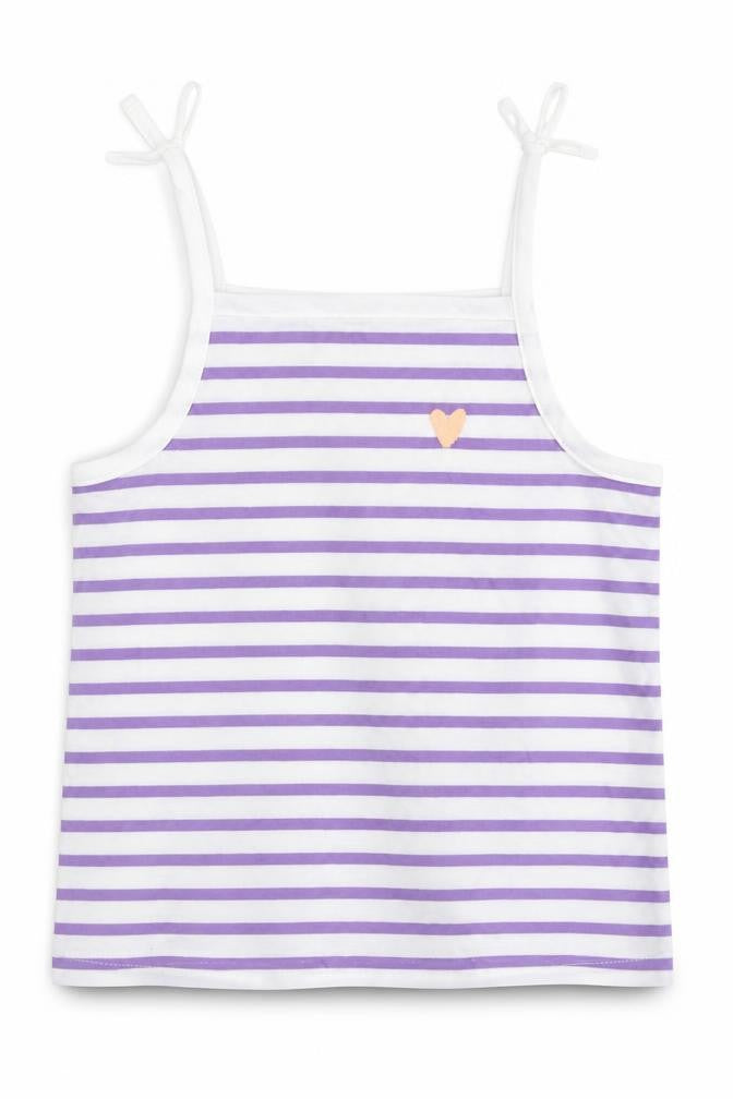 Front view of Marks & Spencer girls’ purple striped cotton camisole tank, size 3-4, years square neck
