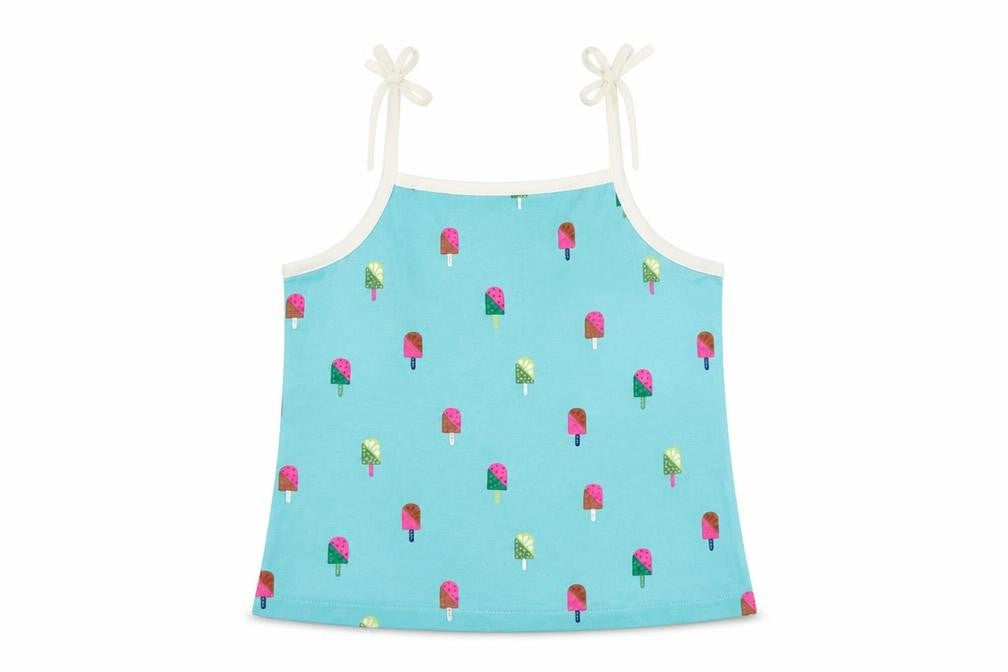 Front view of Marks & Spencer girls’ blue geometric cotton camisole tank, years square neck pullover - ice cream print