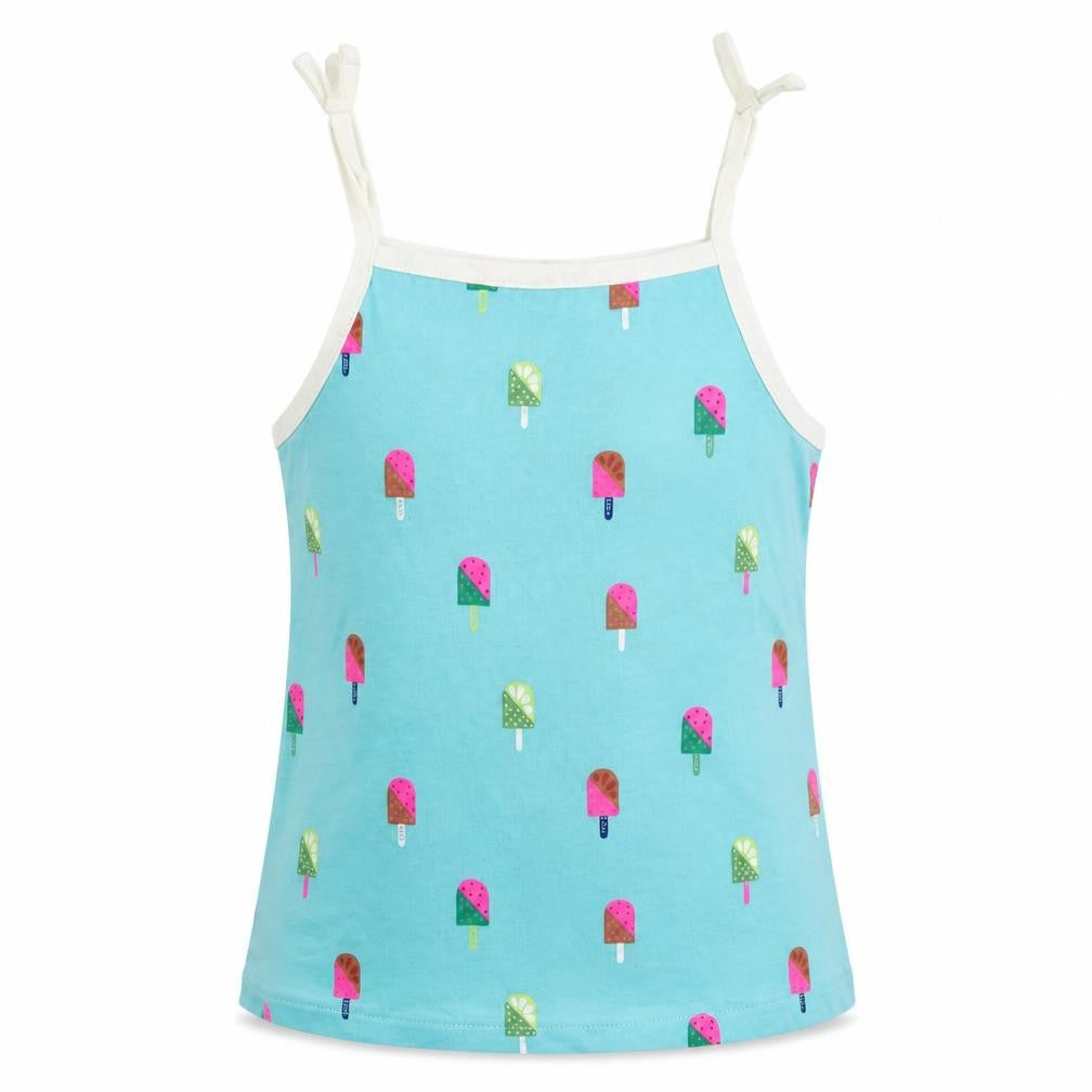 Front view of Marks & Spencer girls’ blue geometric cotton camisole tank, years square neck pullover - ice cream print