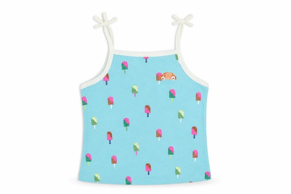 Front view of Marks & Spencer girls’ blue geometric cotton camisole tank, years square neck pullover - ice cream print