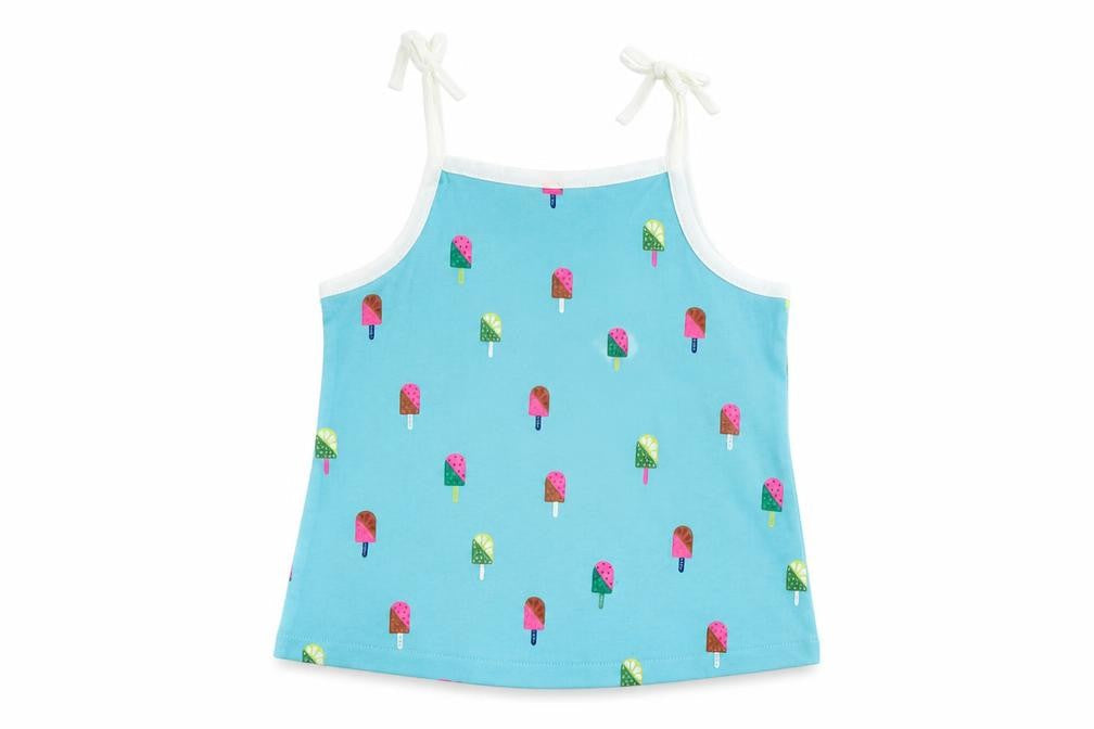 Front view of Marks & Spencer girls’ blue geometric cotton camisole tank, years square neck pullover - ice cream print