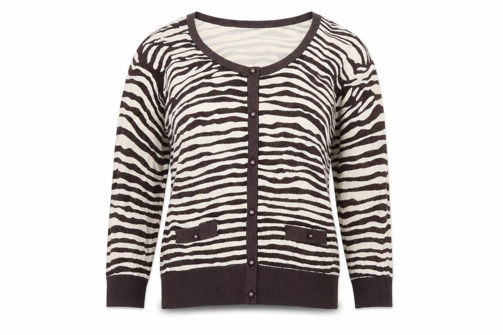 Front view of Be Beau women’s brown scoop neck animal print viscose cardigan jumper, size UK 14, - zebra print
