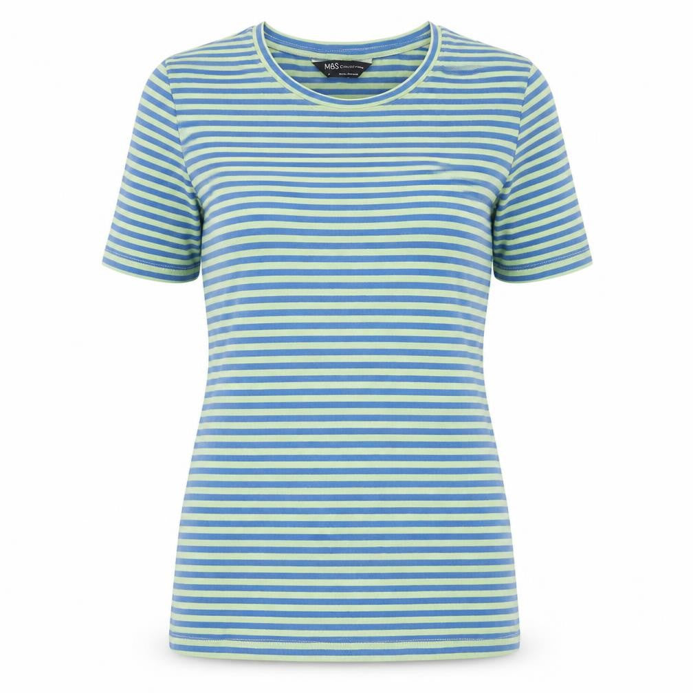 Marks and Spencer Womens Green Striped Cotton Basic T-Shirt Size 6 Collared