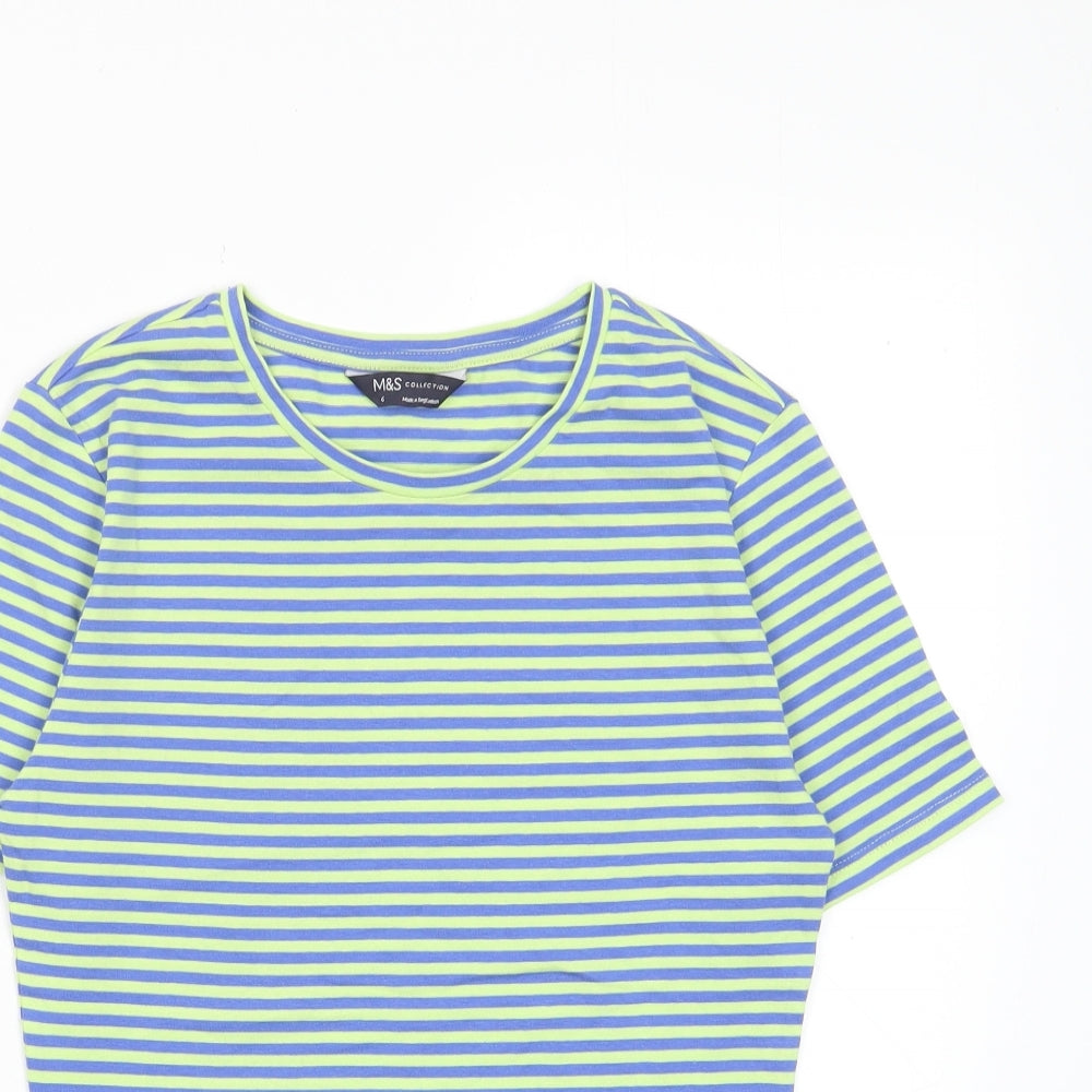 Marks and Spencer Womens Green Striped Cotton Basic T-Shirt Size 6 Collared