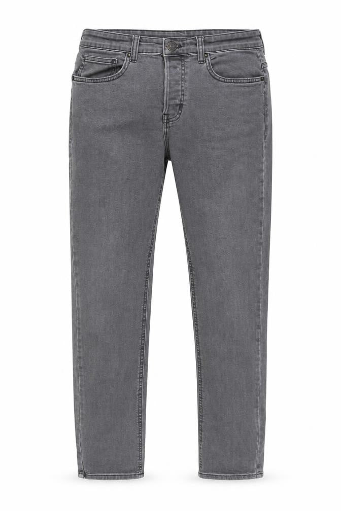 Front view of Denim & Co. men’s grey cotton skinny jeans, size 32, in, 32-inch leg regular button - pockets