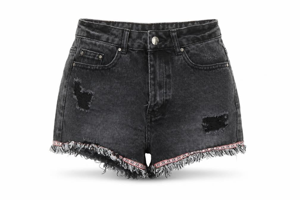 Front view of Denim & Co. women’s black cotton cut-off shorts, size UK 6, 3-inch leg regular zip - embroidered detail