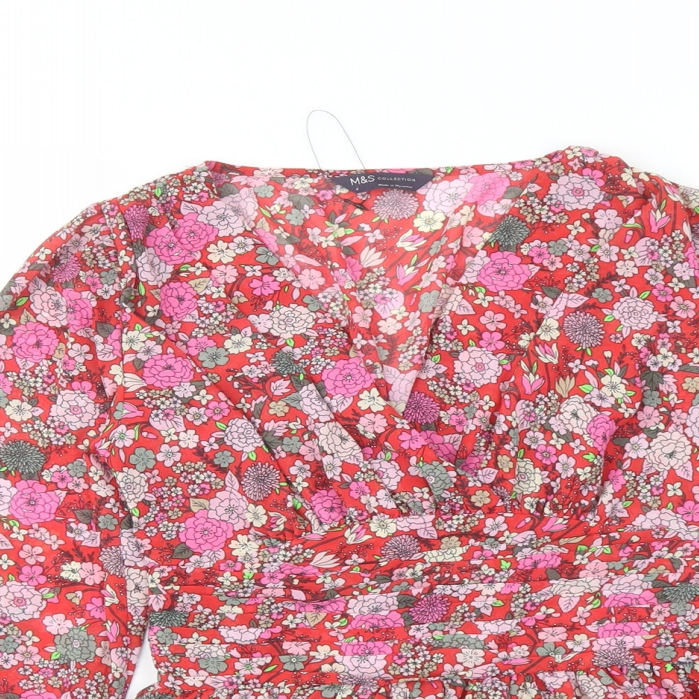 Marks and Spencer Womens Multicoloured Floral Polyester Basic Blouse Size 6 V-Neck