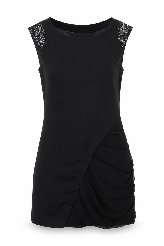 Sweewë Womens Black Viscose Mini Size S Round Neck Zip - Beaded Sleeve Detail Size S-M Rouched