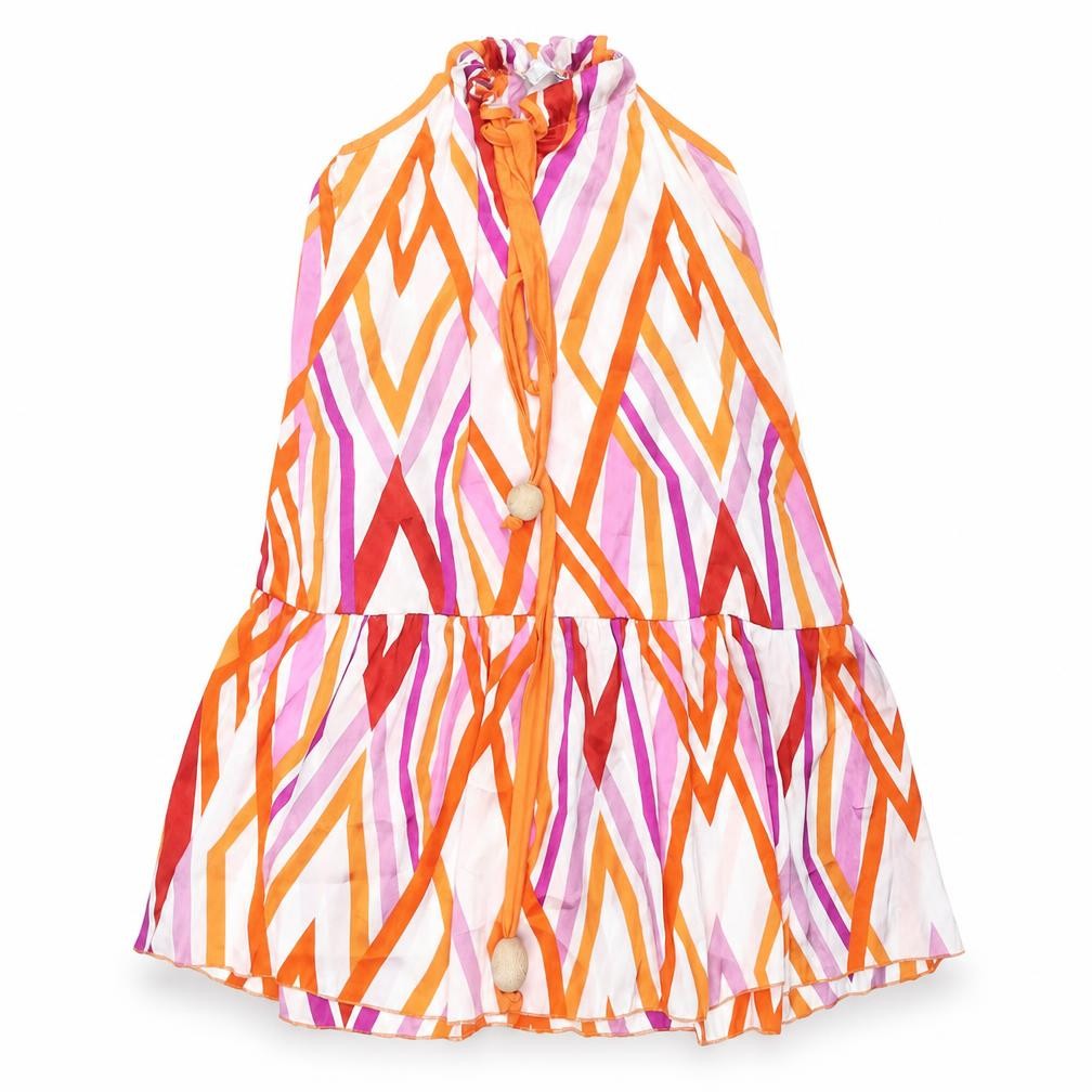 Zara Womens Multicoloured Geometric Polyester A-Line Size S Round Neck Tie - Smocked Wooden Bead Detail