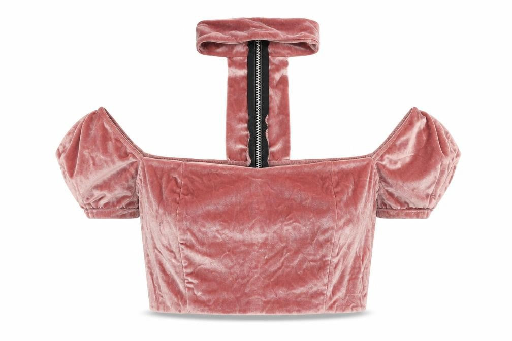 Front view of Missguided women’s pink polyester cropped blouse, size UK 14, square neck - mock neck detail