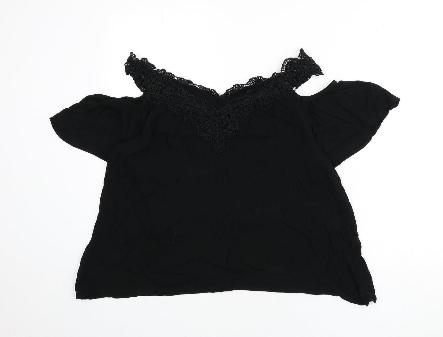 Julipa Womens Black Viscose Basic Blouse Size 14 V-Neck - Lace Trim
