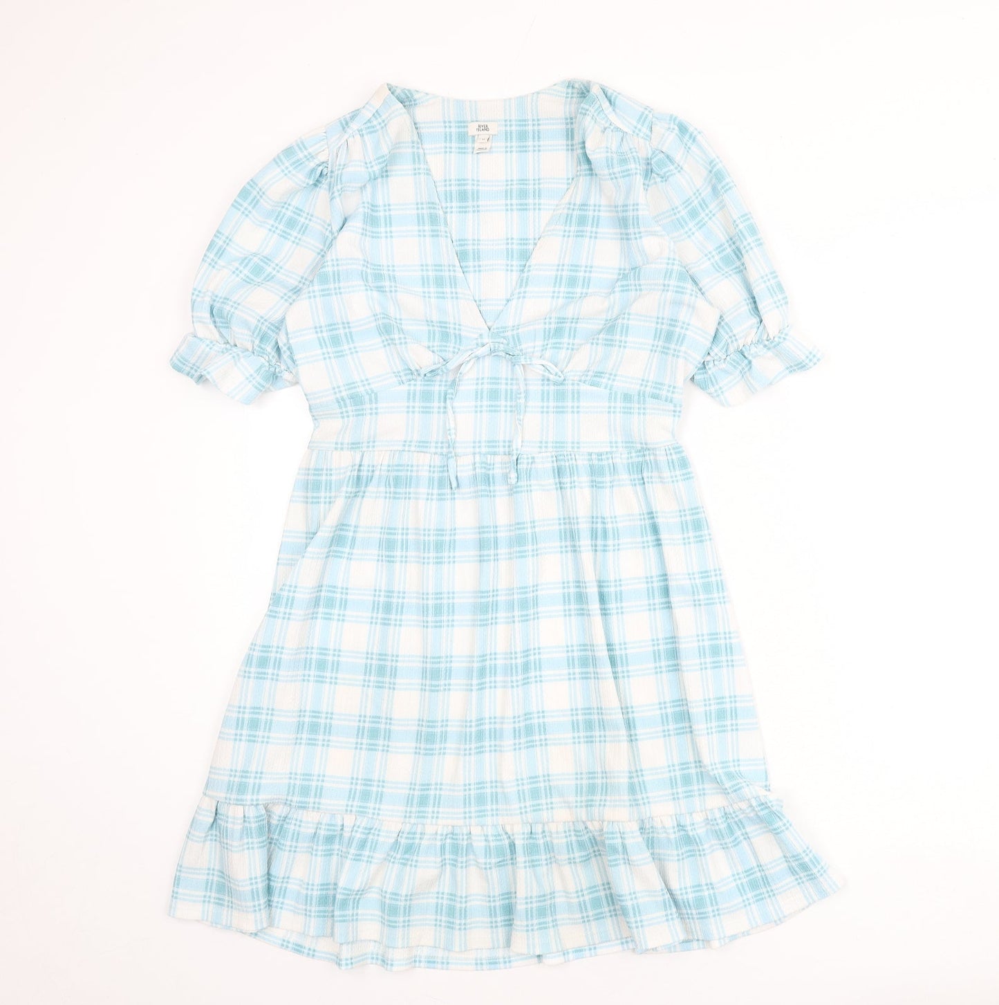 River Island Womens Blue Plaid Polyester A-Line Size 10 V-Neck Pullover - Tie Detail