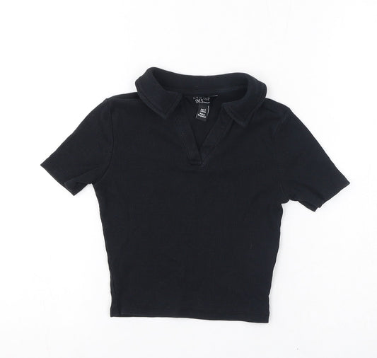 New Look Girls Black Cotton Basic T-Shirt Size 9 Years V-Neck Pullover