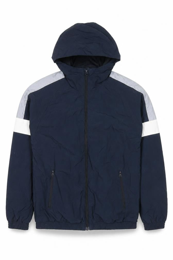 Front view of Next boys’ blue colourblock jacket, size 12, years zip