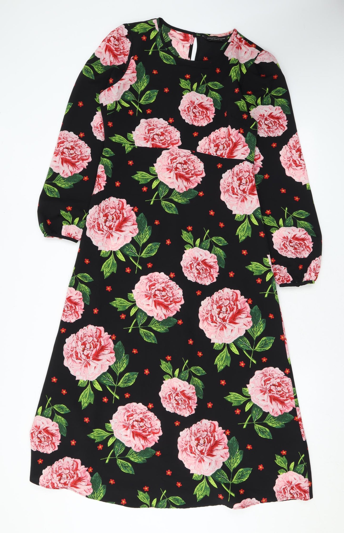 Dorothy Perkins Womens Black Floral Polyester A-Line Size 8 Scoop Neck Button