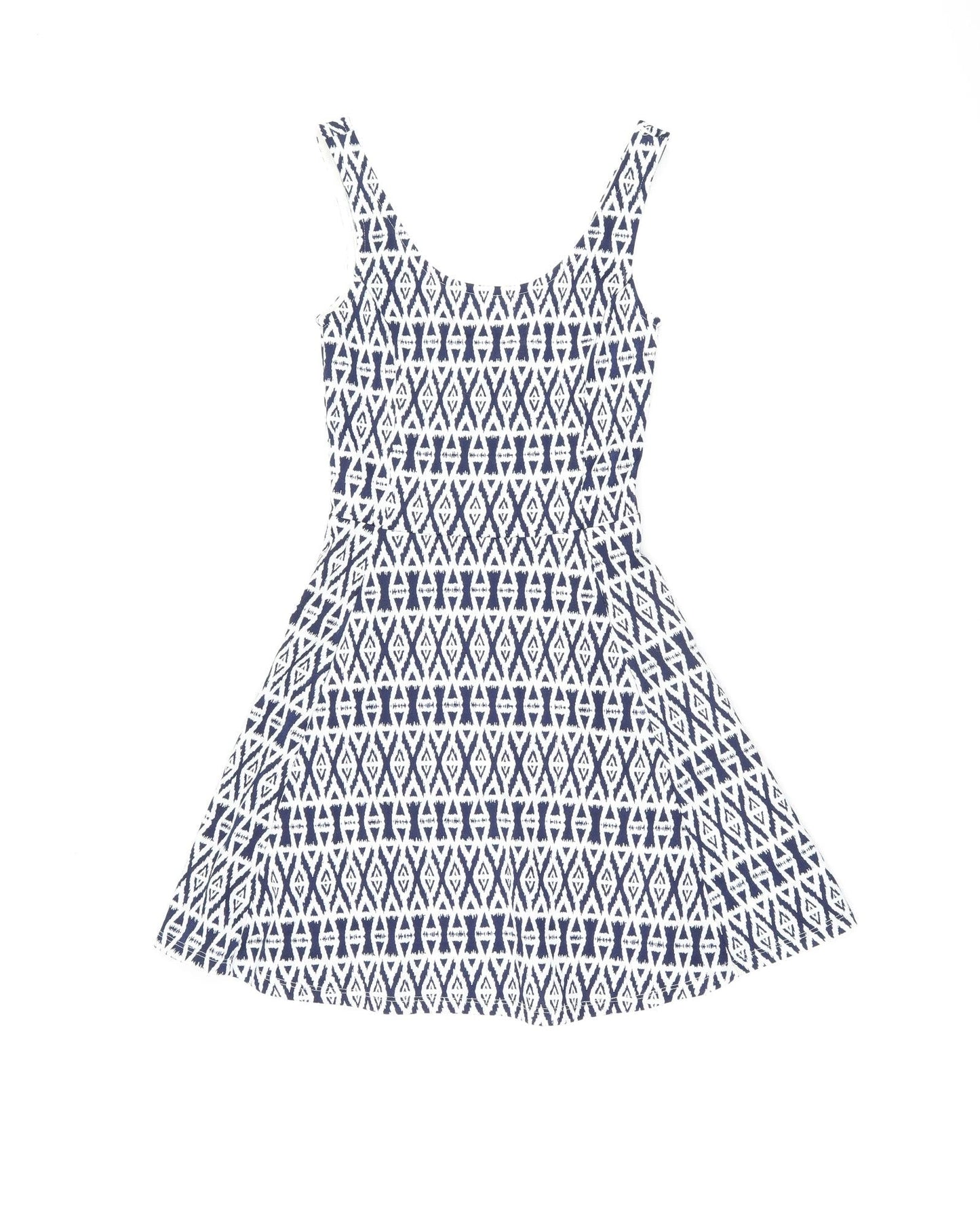 H&M Womens White Geometric Polyester Skater Dress Size 6 Scoop Neck Pullover