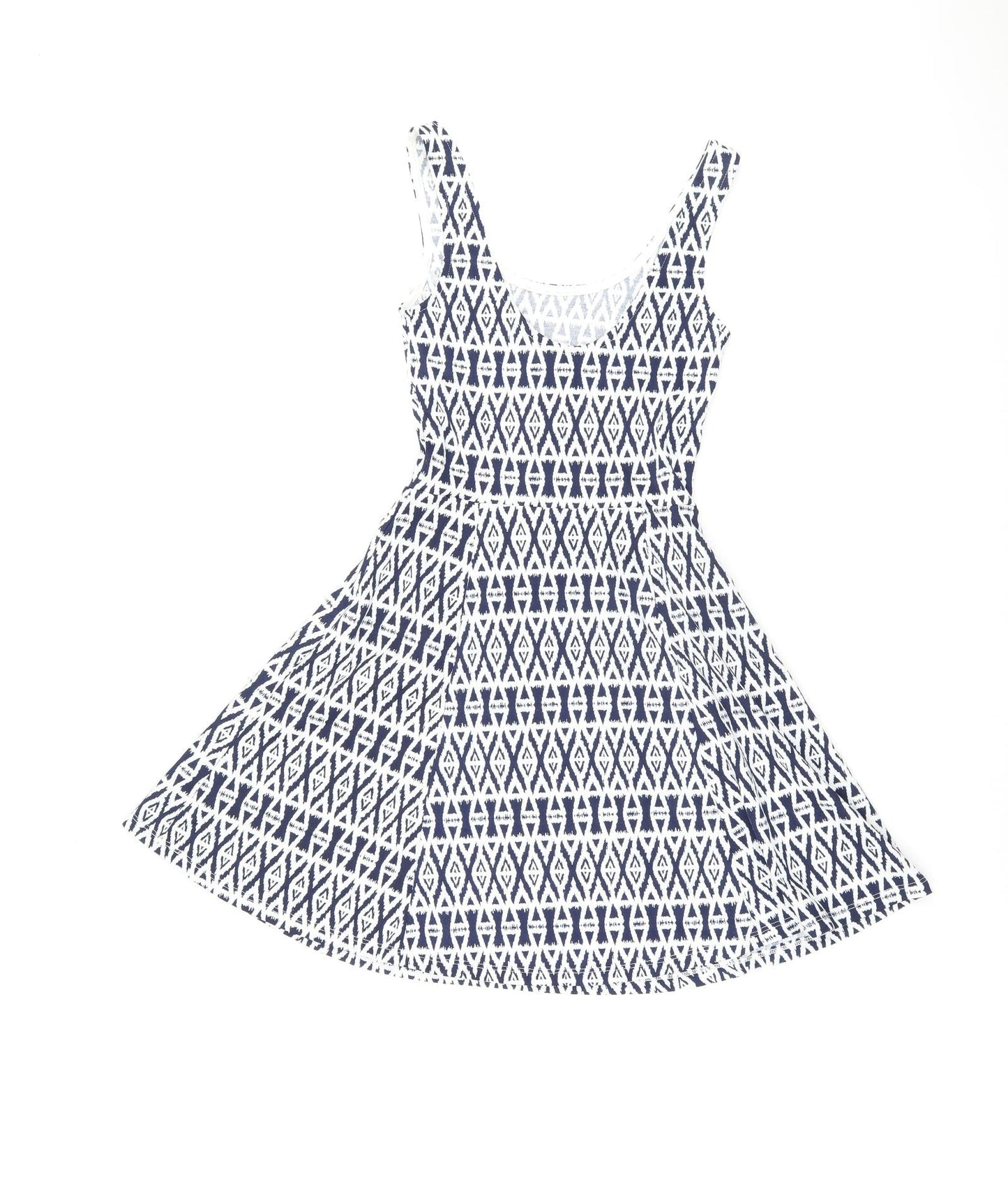 H&M Womens White Geometric Polyester Skater Dress Size 6 Scoop Neck Pullover