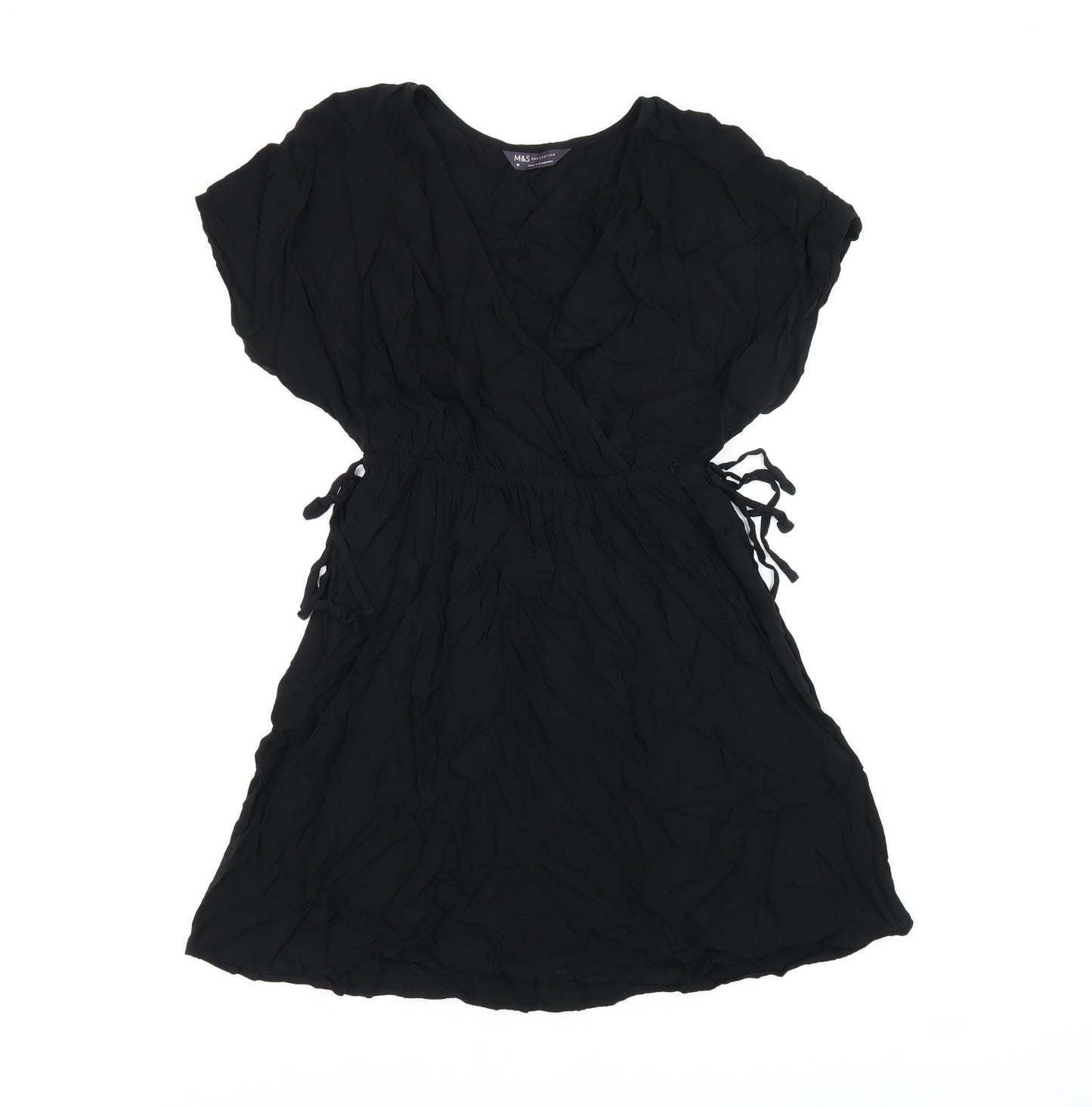 Marks and Spencer Womens Black Viscose Skater Dress Size 10 V-Neck Drawstring