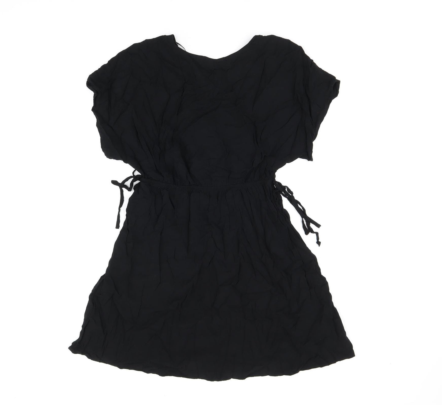 Marks and Spencer Womens Black Viscose Skater Dress Size 10 V-Neck Drawstring
