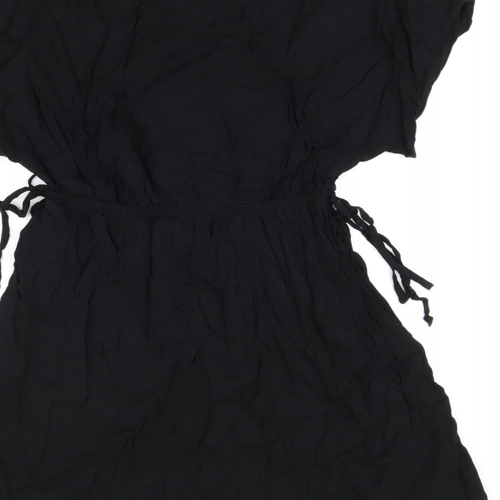Marks and Spencer Womens Black Viscose Skater Dress Size 10 V-Neck Drawstring