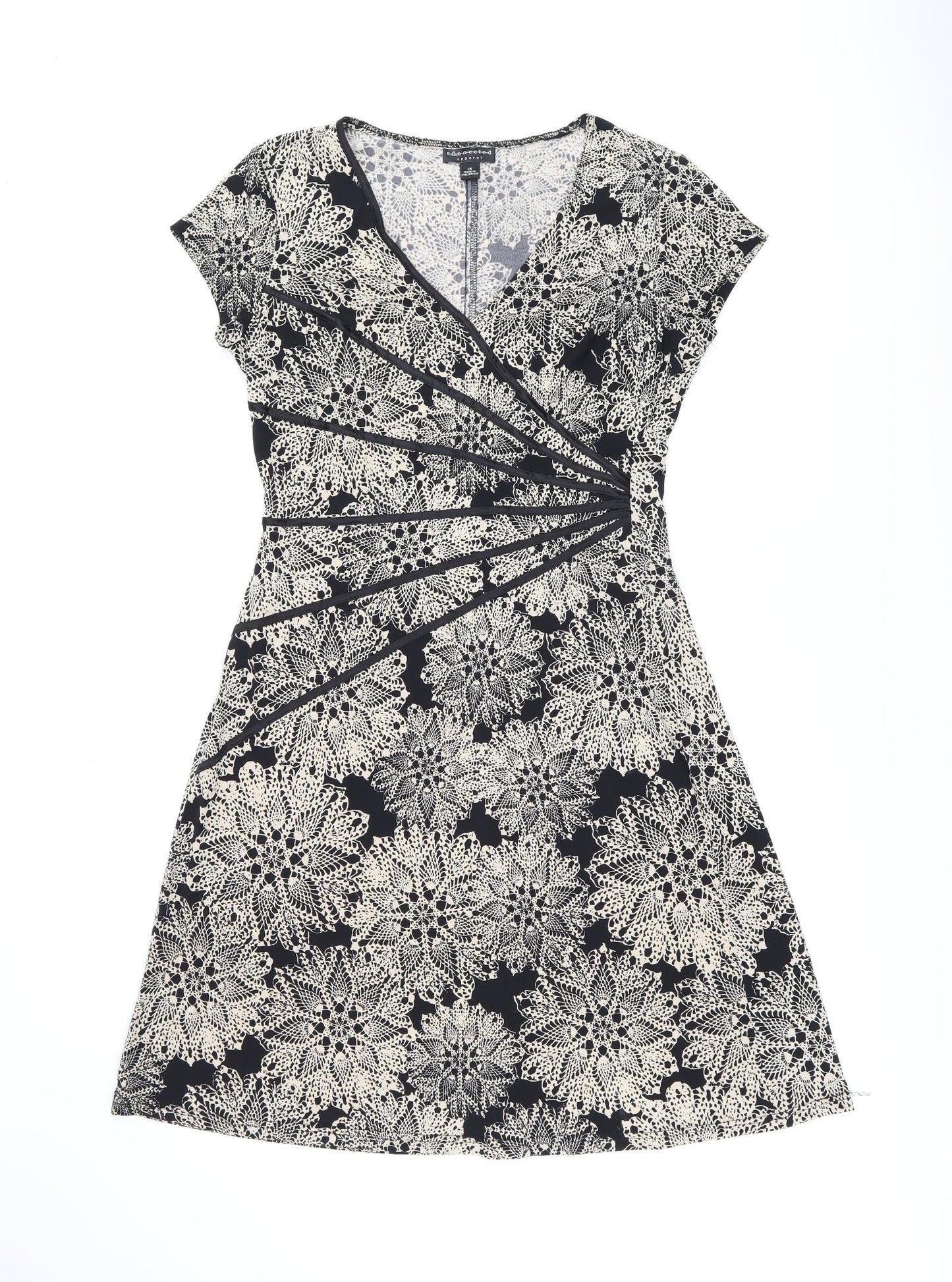 Connected Apparel Womens Black Floral Polyester A-Line Size 14 V-Neck Pullover