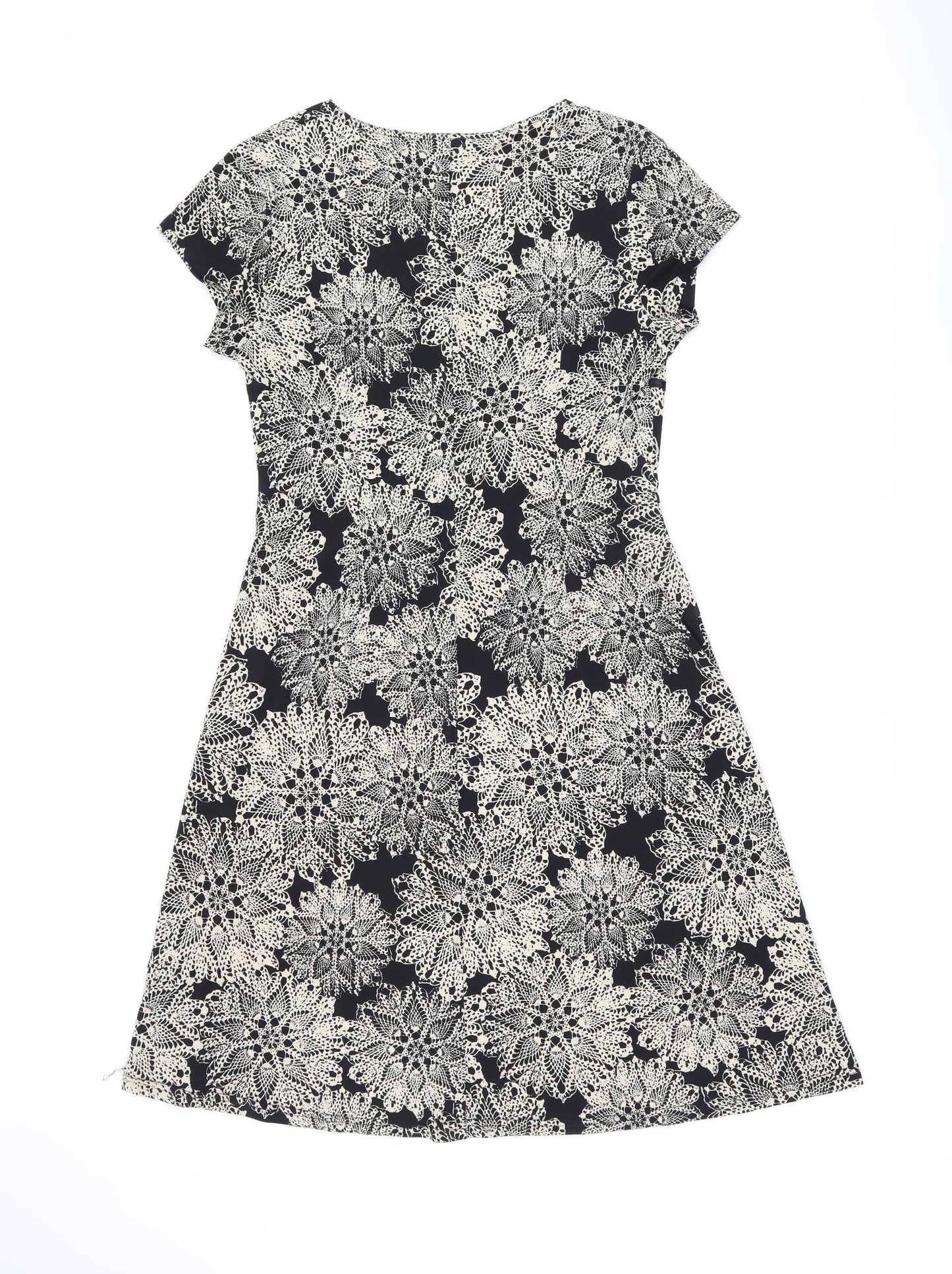 Connected Apparel Womens Black Floral Polyester A-Line Size 14 V-Neck Pullover