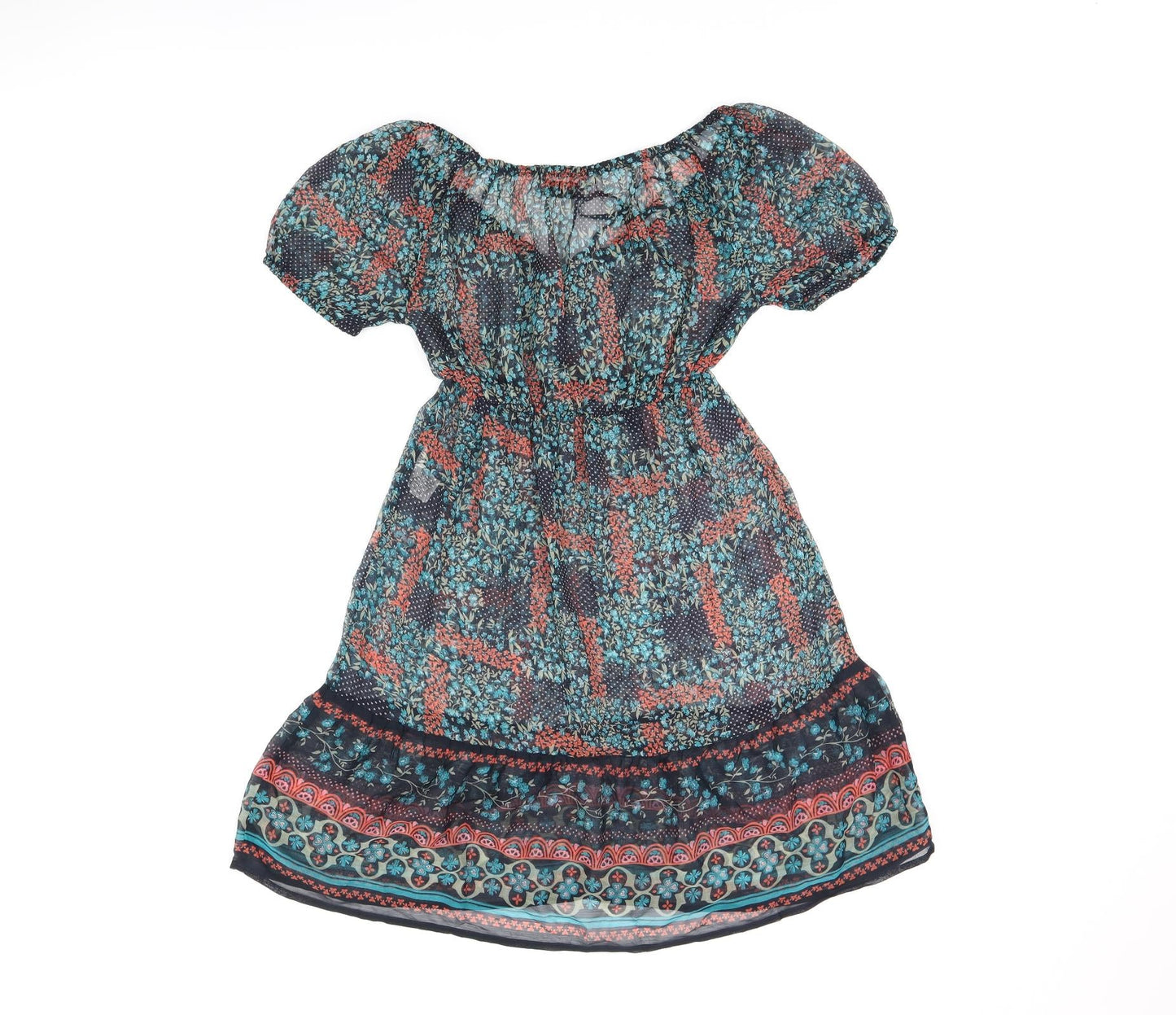 LFT Womens Black Floral Polyester Mini Size S V-Neck Pullover - Sheer