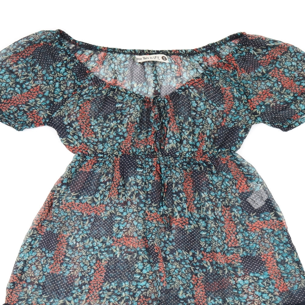 LFT Womens Black Floral Polyester Mini Size S V-Neck Pullover - Sheer