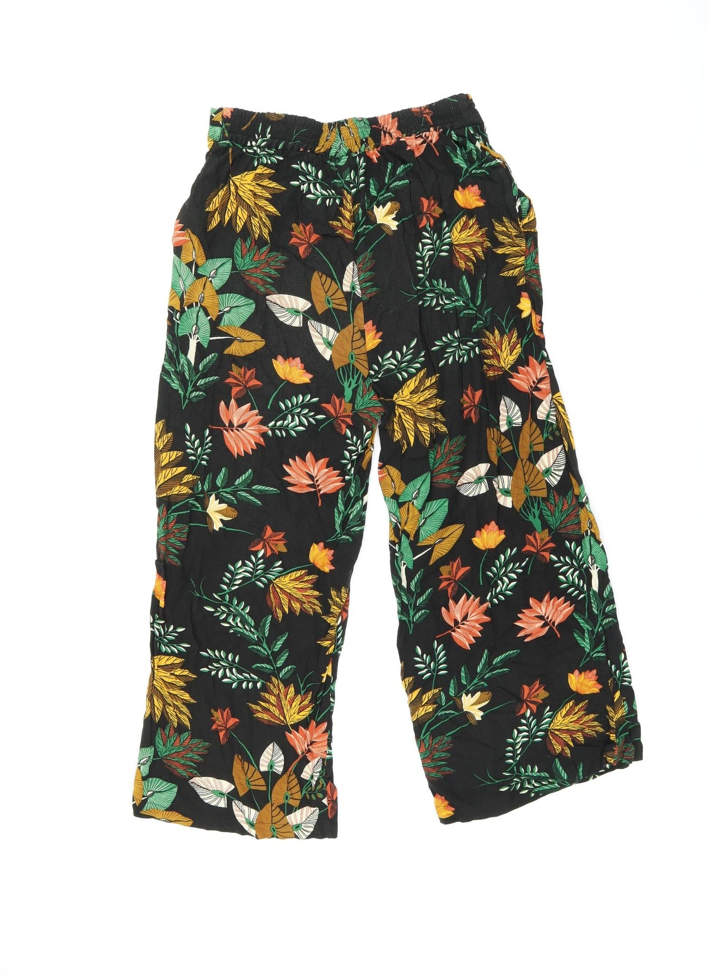 Warehouse Womens Black Floral Viscose Cropped Trousers Size 8 L21 in Regular