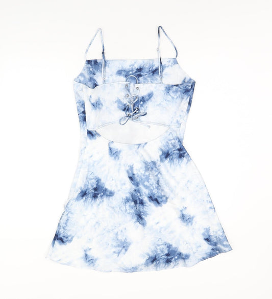 Cotton Candy Womens Blue Tie Dye Polyester Skater Dress Size M Square Neck Tie