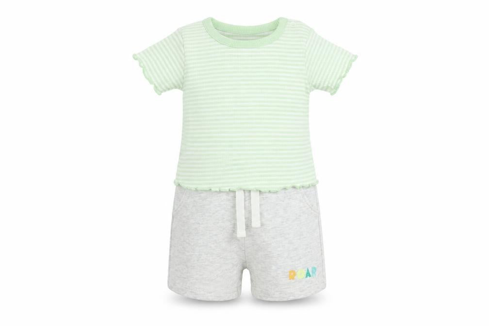 Front view of Marks & Spencer Baby Green Striped Cotton Shorts Set Outfit/Set, size 3-6, Months Pullover