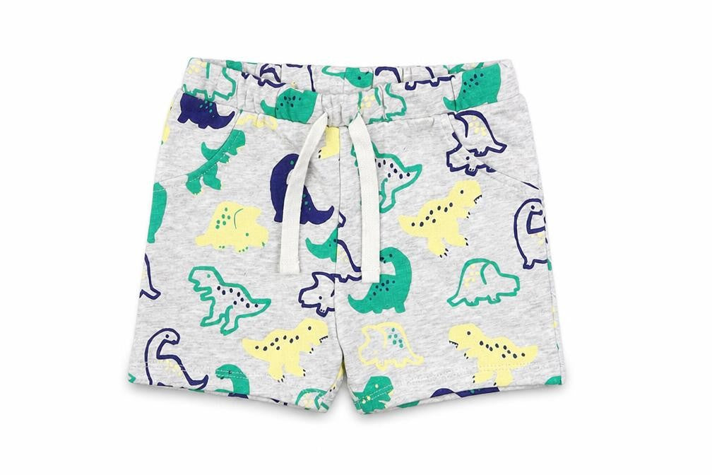 Front view of Marks & Spencer Baby Grey Geometric Cotton Cropped Trousers, size 9-12, Months Drawstring - Dinosaur Print