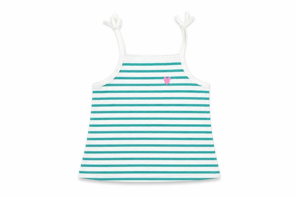 Front view of Marks & Spencer girls’ green striped cotton camisole tank, size 2-3, years square neck pullover