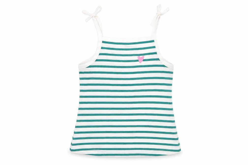 Front view of Marks & Spencer girls’ green striped cotton camisole tank, size 2-3, years square neck pullover