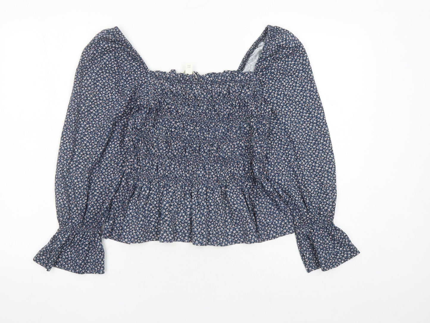 H&M Womens Blue Fair Isle 100% Cotton Basic Blouse Size M Square Neck