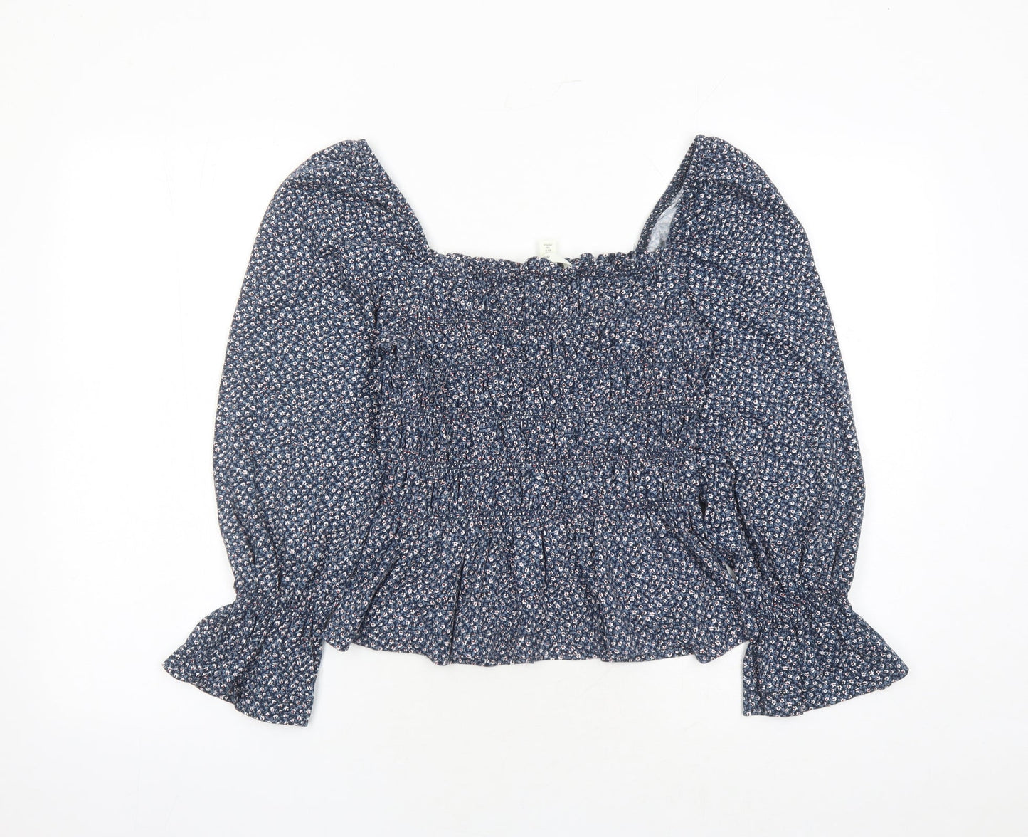 H&M Womens Blue Fair Isle 100% Cotton Basic Blouse Size M Square Neck
