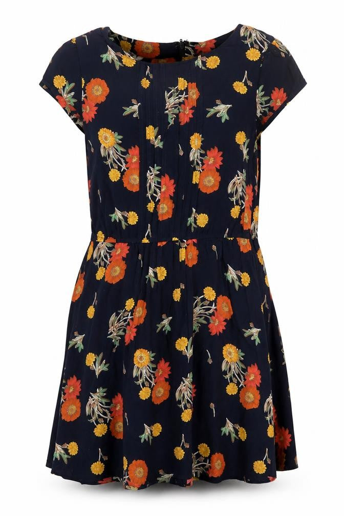 Front view of ASOS women’s blue floral viscose a-line, size UK 12, round neck zip