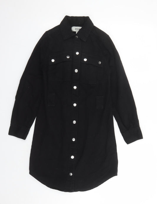 New Look Womens Black Cotton Shirt Dress Size 4 Collared Snap
