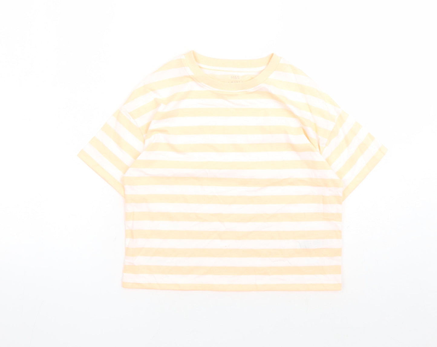 Marks and Spencer Girls Orange Striped Cotton Basic T-Shirt Size 9-10 Years Crew Neck Pullover