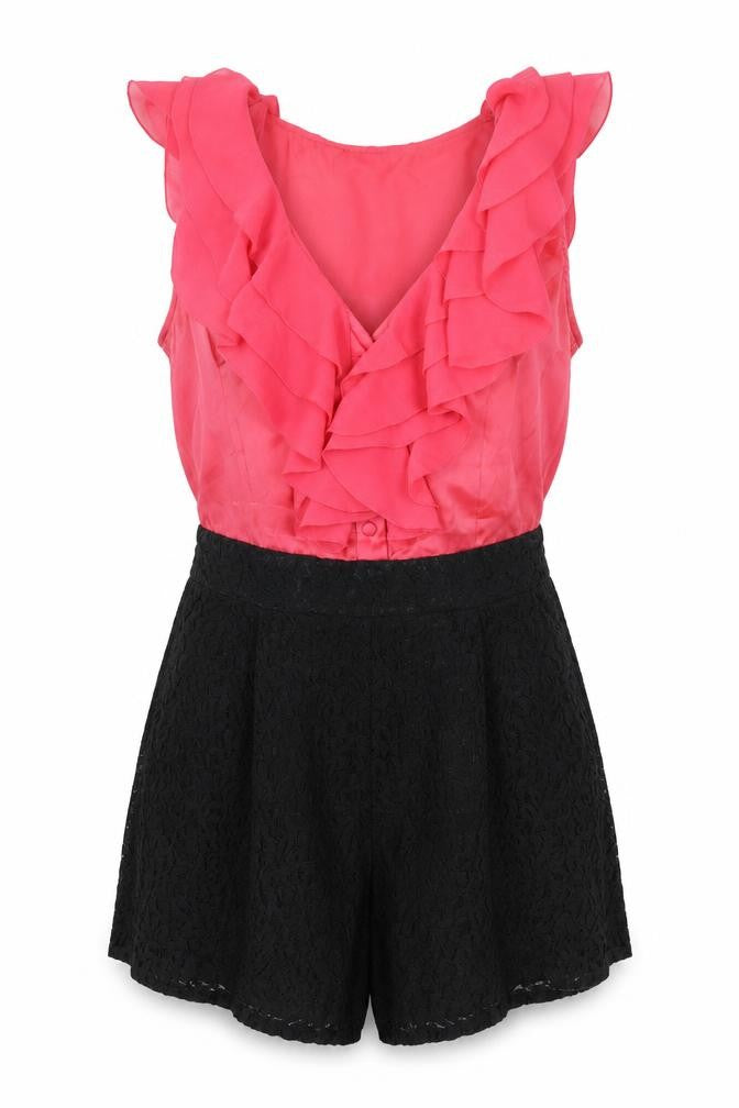 Lipsy Womens Pink Polyester Romper One-Piece Size 10 Zip - Ruffle Detail, Lace Detail