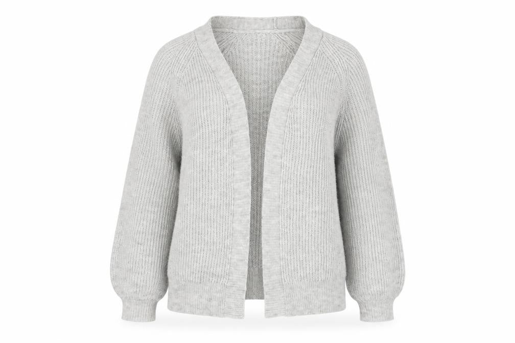Front view of ASOS women’s green v-neck acrylic cardigan jumper, size UK 10