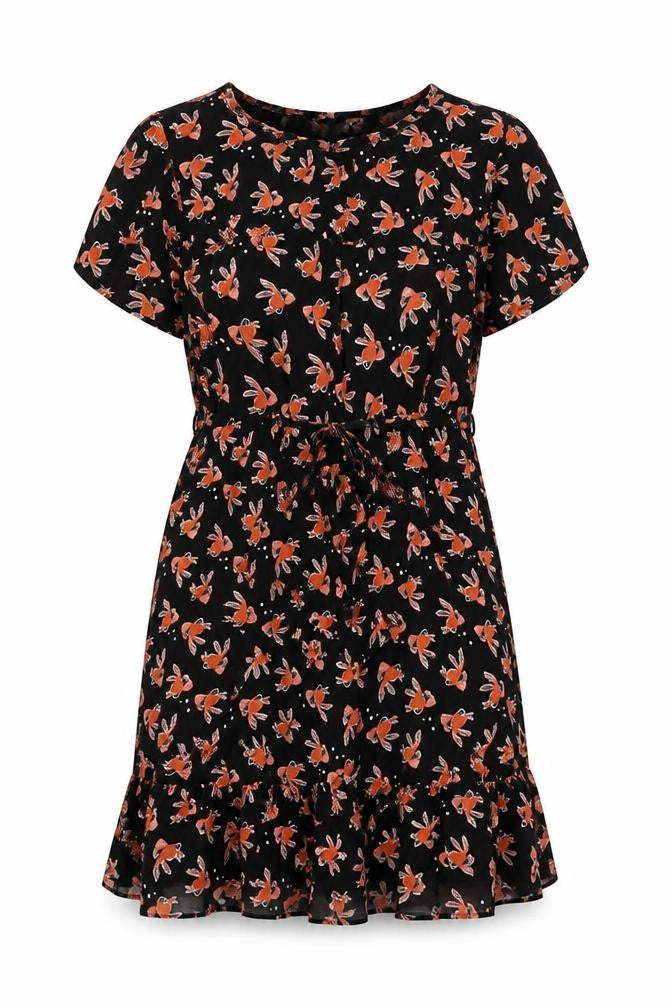 Henry Holland Womens Black Geometric Viscose A-Line Size 12 Collared Zip - Goldfish Print, Lace Up Back