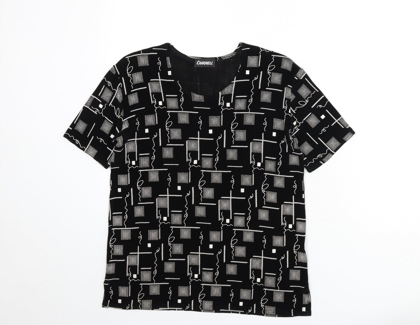 Charmell Womens Black Geometric Acetate Basic T-Shirt Size M Round Neck