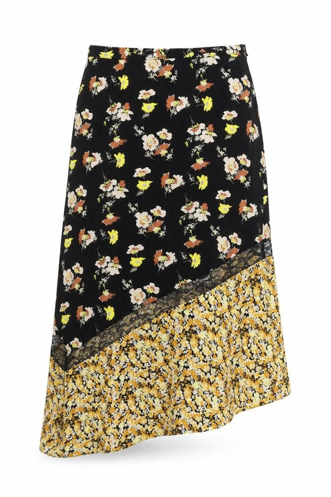 Front view of ASOS women’s multicoloured floral viscose a-line skirt, size UK 6, zip - asymmetric, lace detail