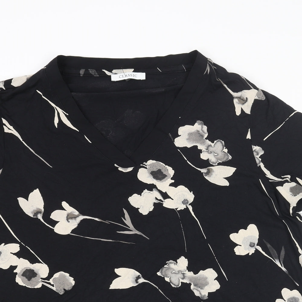 Classic Womens Black Floral Viscose Basic Blouse Size 18 V-Neck